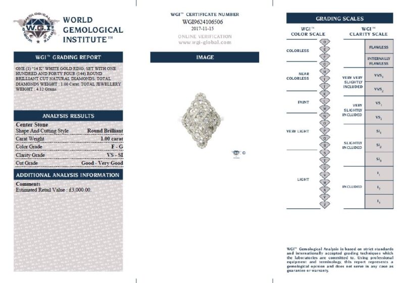 WGI Certified 14K White Gold 1ct Natural Diamond Ring