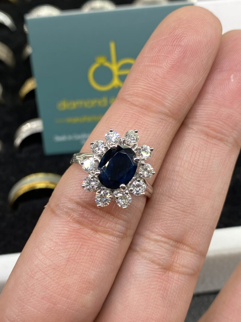 18K White Gold 3.2ct Sapphire Halo & Diamond Ring