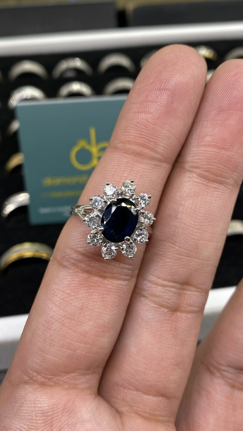 18K White Gold 3.2ct Sapphire Halo & Diamond Ring