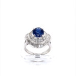 Platinum Sapphire Halo Baguette Diamond Ring