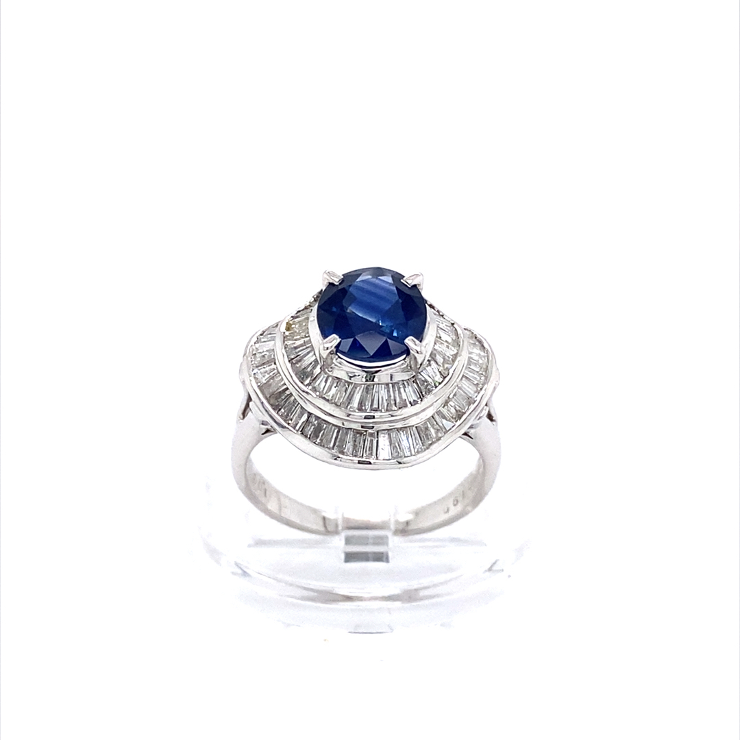 Platinum Sapphire Halo Baguette Diamond Ring