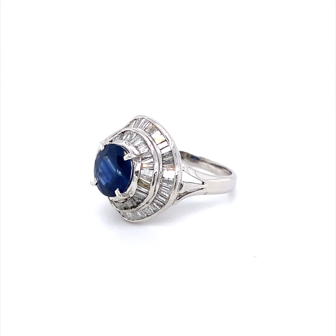 Platinum Natural 2.9ct Sapphire Halo Baguette Diamond Ring - Image 3